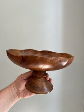 Hand-Carved Wooden Pedestal Bowl With Scalloped Edges - Rustic Vintage Decor - 5